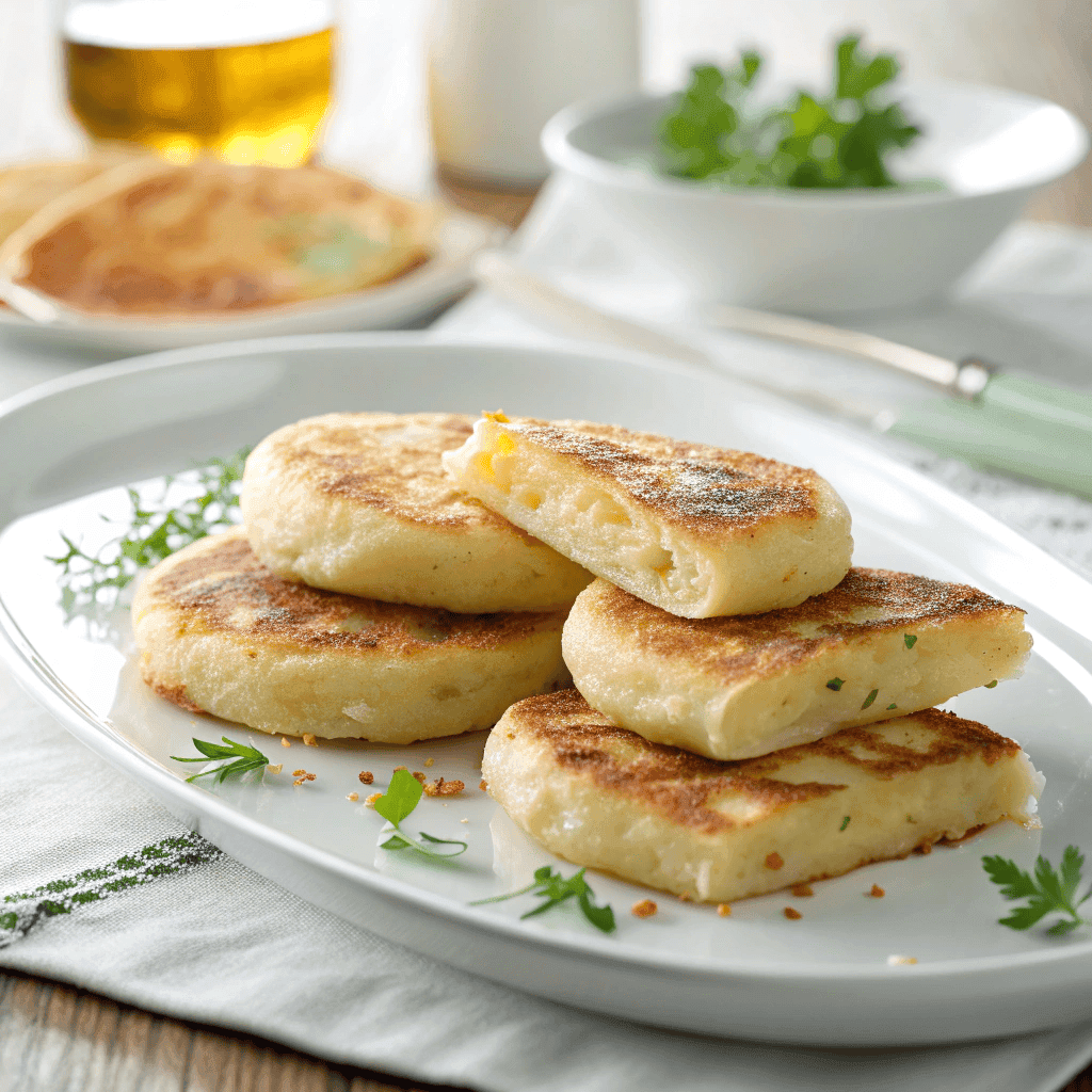 Full plate of golden potato farls displayed clearly to show their even browning and soft interior.