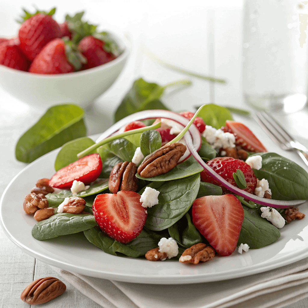 Best Ever Strawberry Spinach Salad with Poppy Seed Dressing 2 Strawberry spinach salad with pecans, feta, and onions served on a clean white plate.