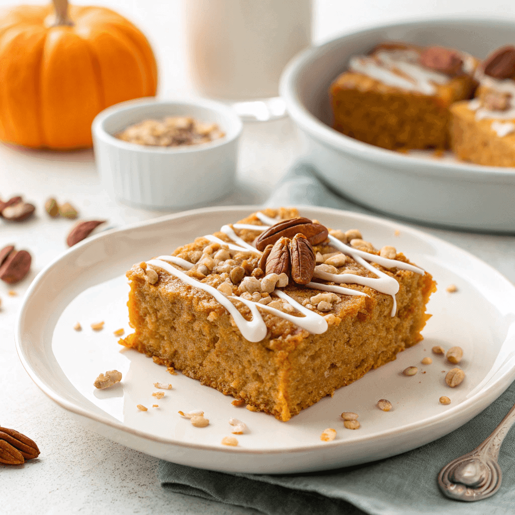 Baked Pumpkin Cream Cheese Oats: The Ultimate Cozy Fall Breakfast 2 Baked pumpkin cream cheese oats served on a white plate with icing drizzle and pecans.