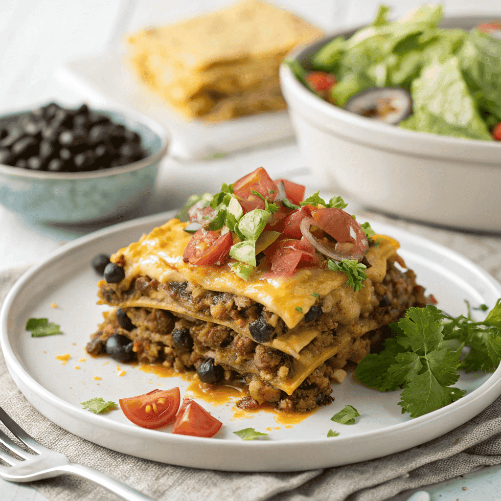 Cheesy taco casserole in a white baking dish topped with lettuce, tomatoes, onions, and black beans.