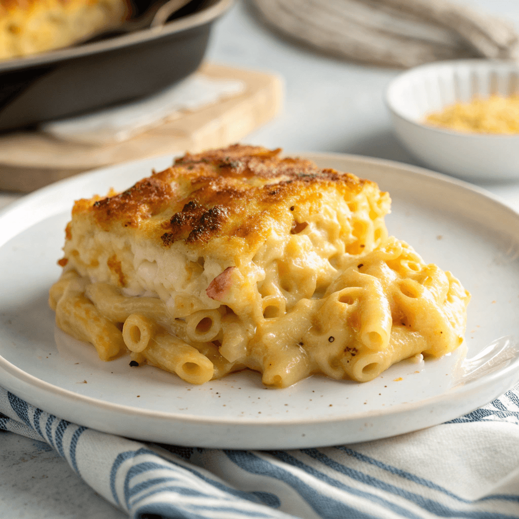 Classic Southern Baked Mac and Cheese Recipe 1 Serving of Southern baked mac and cheese on a white plate with golden crust and creamy macaroni in natural lighting.