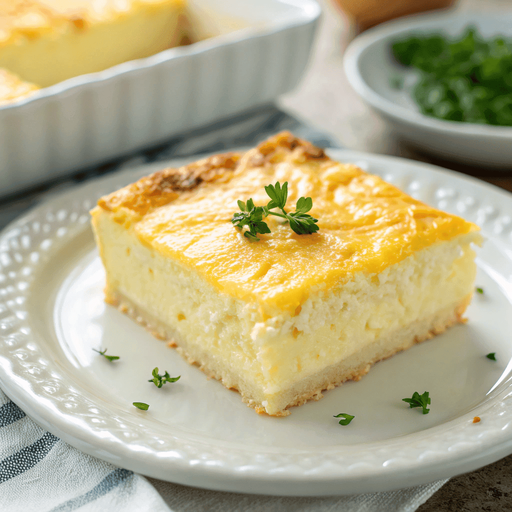 The Ultimate Cheesy Egg Casserole Recipe (No Bread!) 1 A thick, golden cheesy egg casserole slice plated on a white dish with natural lighting.
