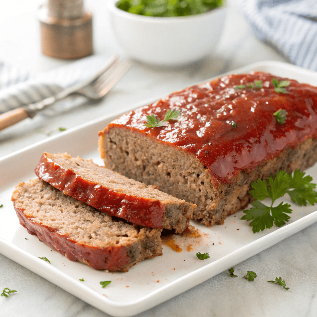 The Best Copycat Cracker Barrel Meatloaf Recipe 1 Slice of Cracker Barrel meatloaf with ketchup glaze on a clean white plate.
