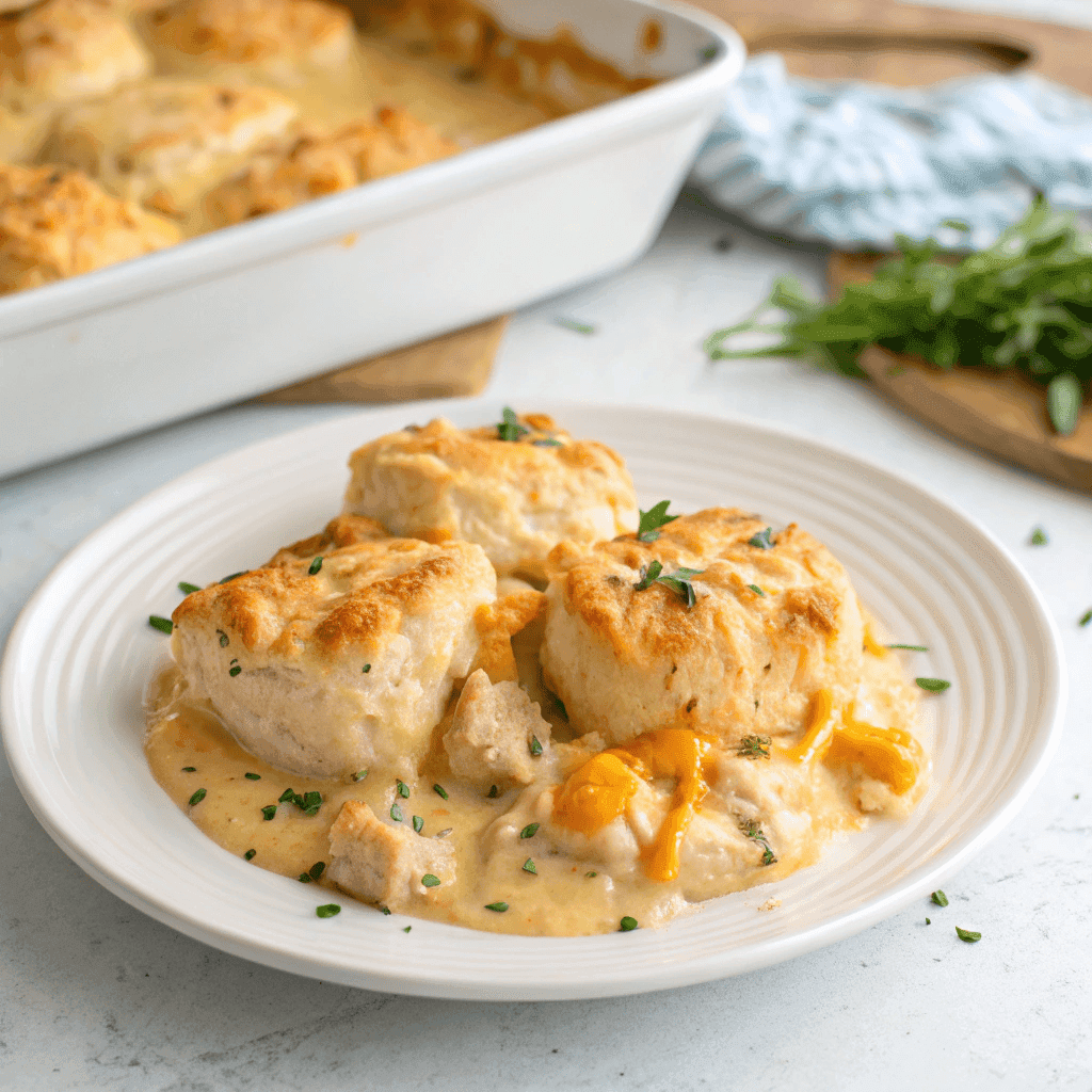 Angled view of chicken bubble biscuit bake on a white plate showing melted cheese and biscuit texture.
