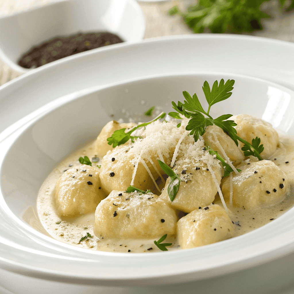 Millionaire Gnocchi with Creamy Sauce: An Indulgent & Easy Recipe 2 Angled shot of millionaire gnocchi with creamy sauce, parmesan, parsley, and pepper in a white bowl.