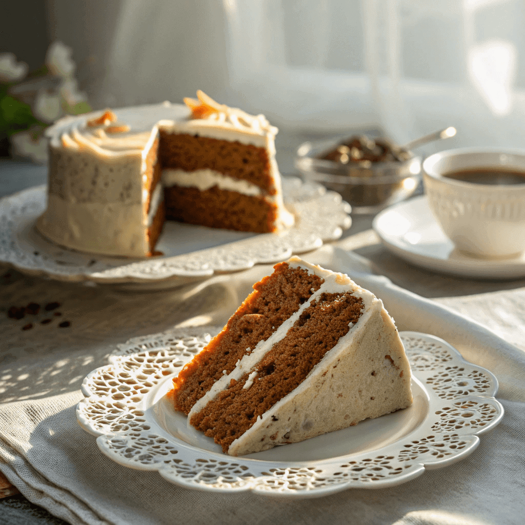 The Best Moist Carrot Cake Recipe with Cream Cheese Frosting 4 Two slices of carrot cake with cream cheese frosting on white plates