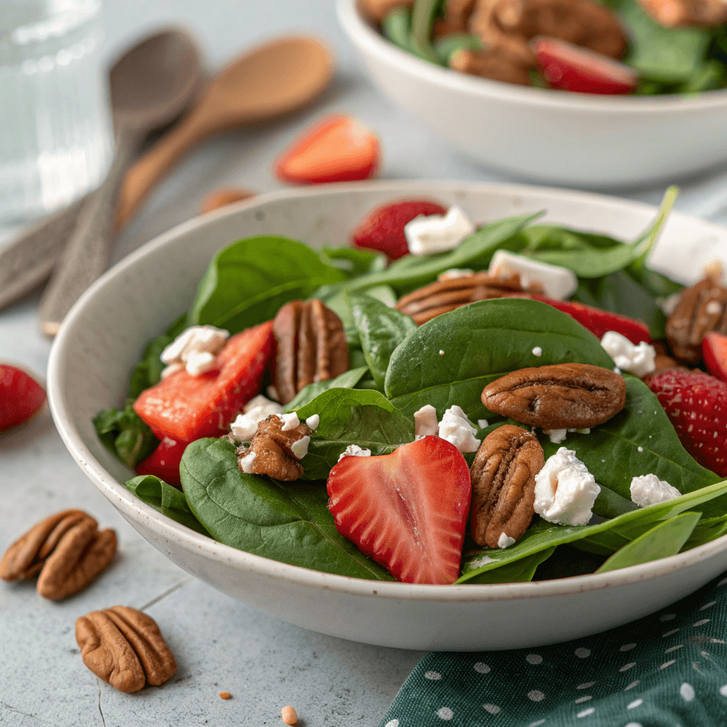 Best Ever Strawberry Spinach Salad with Poppy Seed Dressing 3 Extra vibrant strawberry spinach salad with added pecans and feta for enhanced texture.