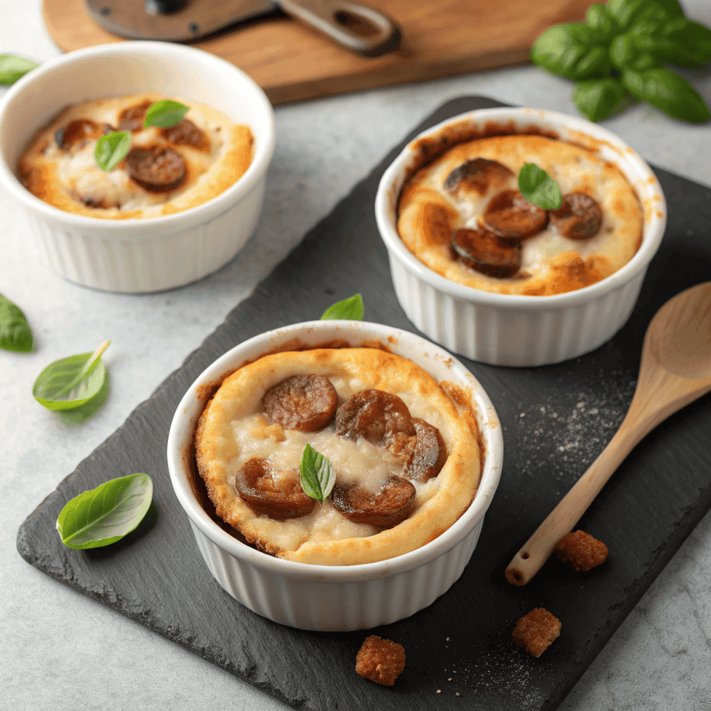 Delicious Pizza Pot Pies: Your New Favorite Personal Pizza Twist 3 Close-up of three pizza pot pies with melted mozzarella, sausage topping, and basil on a dark surface.