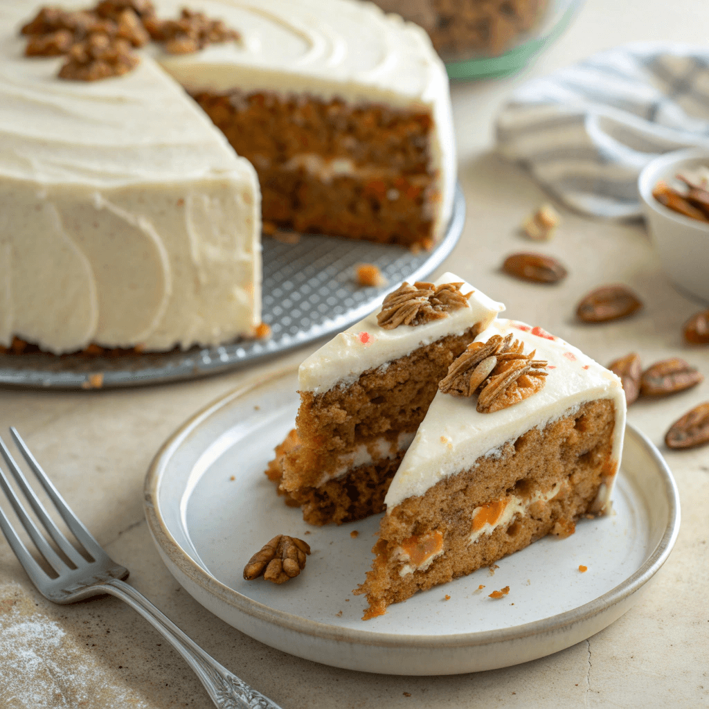 The Best Moist Carrot Cake Recipe with Cream Cheese Frosting 3 Carrot cake slice with frosting and pecans beside a fork