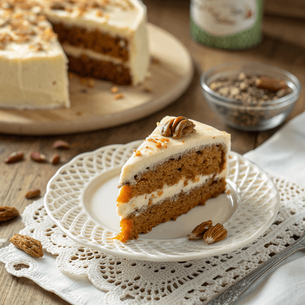 The Best Moist Carrot Cake Recipe with Cream Cheese Frosting 5 Slice of moist carrot cake with cream cheese frosting on a white plate