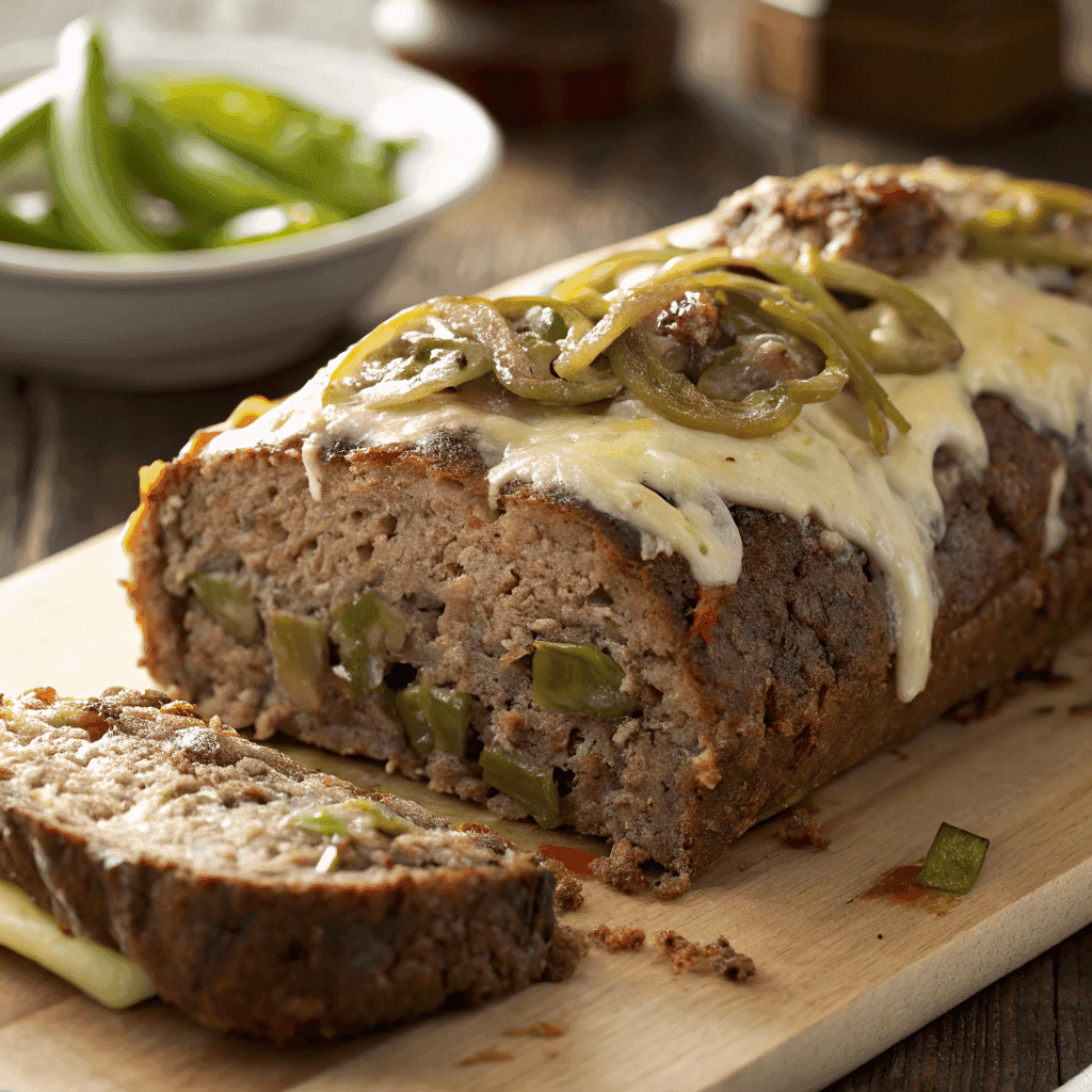 Philly Cheesesteak Meatloaf: A Hearty Family Favorite 4 Close-up of a sliced Philly cheesesteak meatloaf topped with melted cheese and filled with peppers and onions.