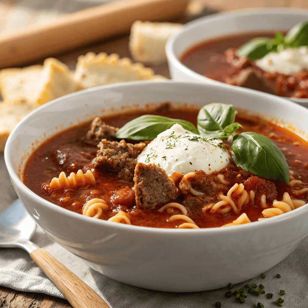 Hearty Lasagna Soup: The Ultimate Comfort Food 4 Close-up of lasagna soup with curly noodles, beef, ricotta, and basil in a white bowl.