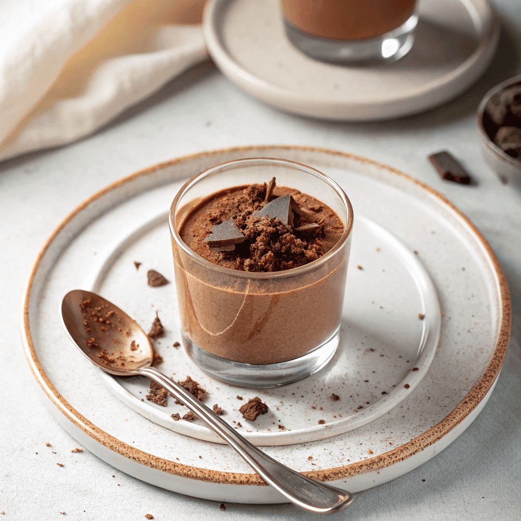 Top-down view of a creamy vegan chocolate mousse in a glass cup with chocolate shavings and a spoonful of mousse on a white plate.