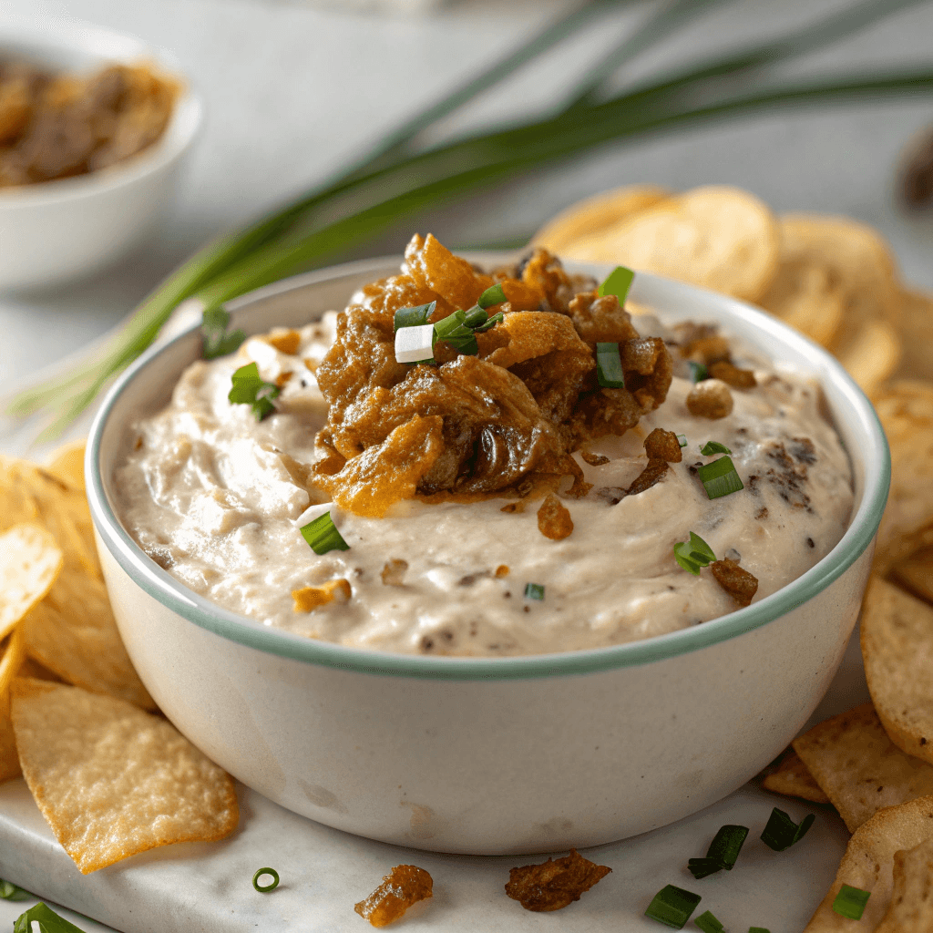 The Easiest Homemade Chip Dip Recipe 3 Thick chip dip with extra caramelized onions and chives for richer flavor.