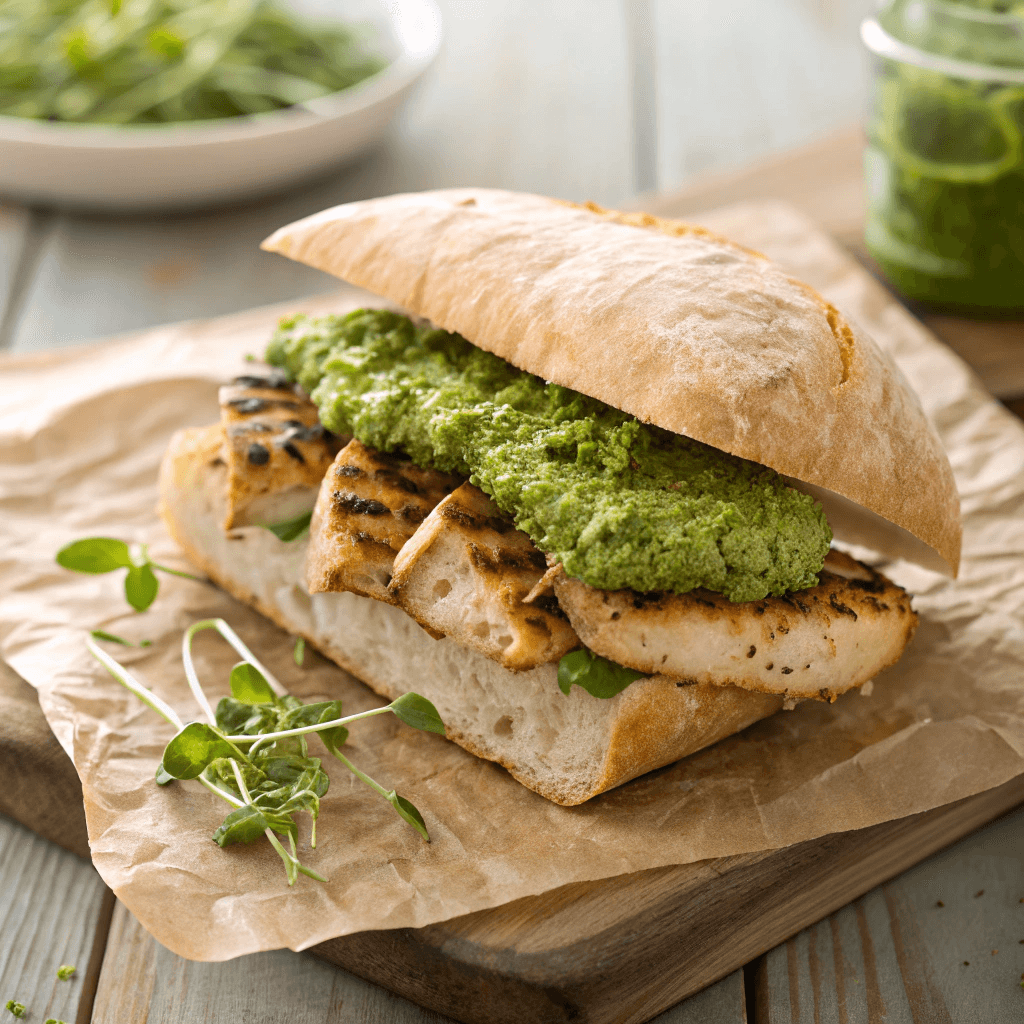 Chicken pesto sandwich on rustic ciabatta bread with grilled chicken, pesto, and microgreens on parchment paper.
