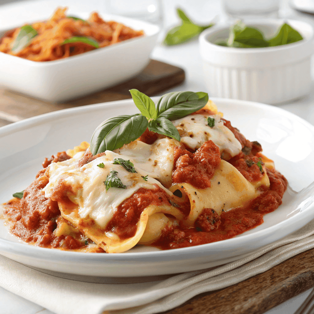 Easy Baked Tortellini Casserole with Meat Sauce 2 Serving of baked tortellini casserole with meat sauce and melted cheese on a white plate.