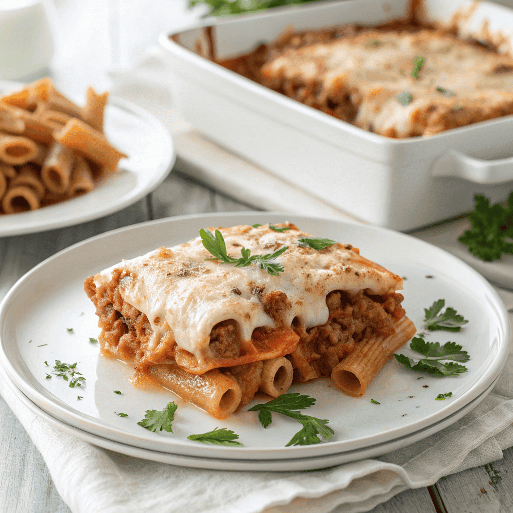 Serving of baked ziti on a white plate with melted cheese and rich tomato sauce.