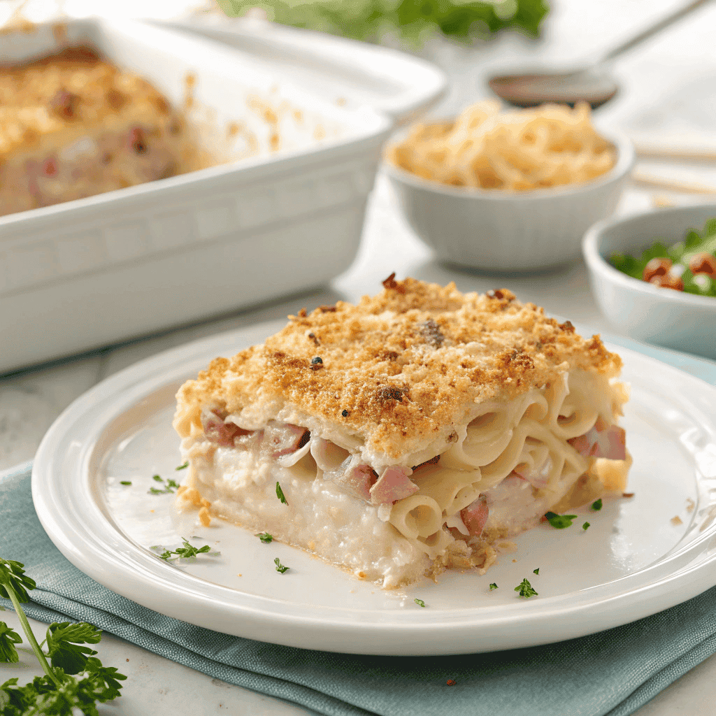 Serving of Chicken Cordon Bleu casserole on a white plate with crispy breadcrumb topping.