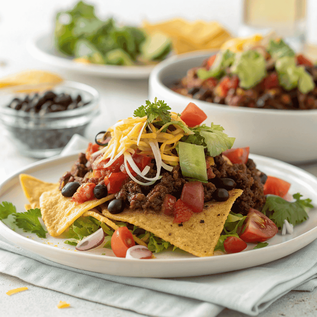 Serving of taco casserole on a white plate with cheese, beef, beans, and fresh toppings.