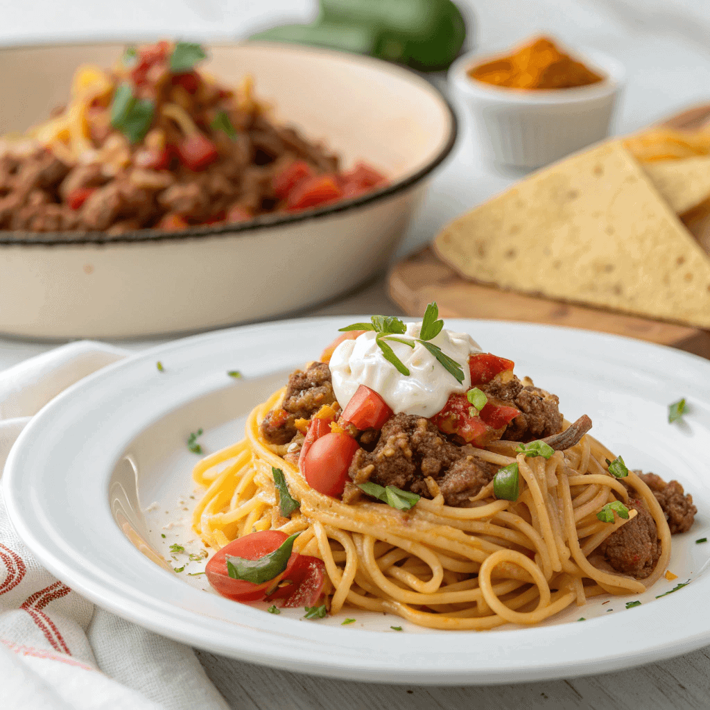 Taco spaghetti served on a white plate with creamy taco sauce, beef, and tomatoes.