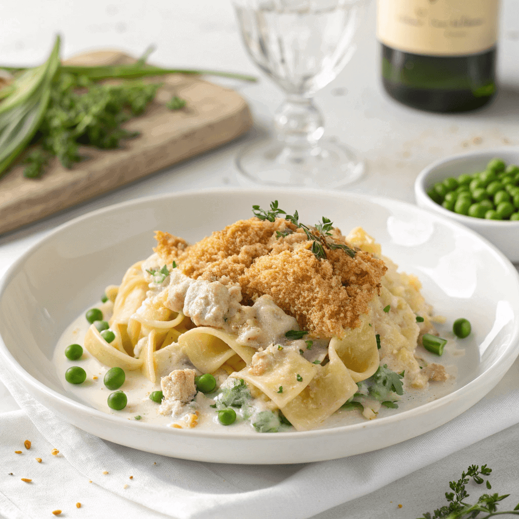 Serving of creamy tuna casserole with noodles, peas, and breadcrumbs on a white plate.