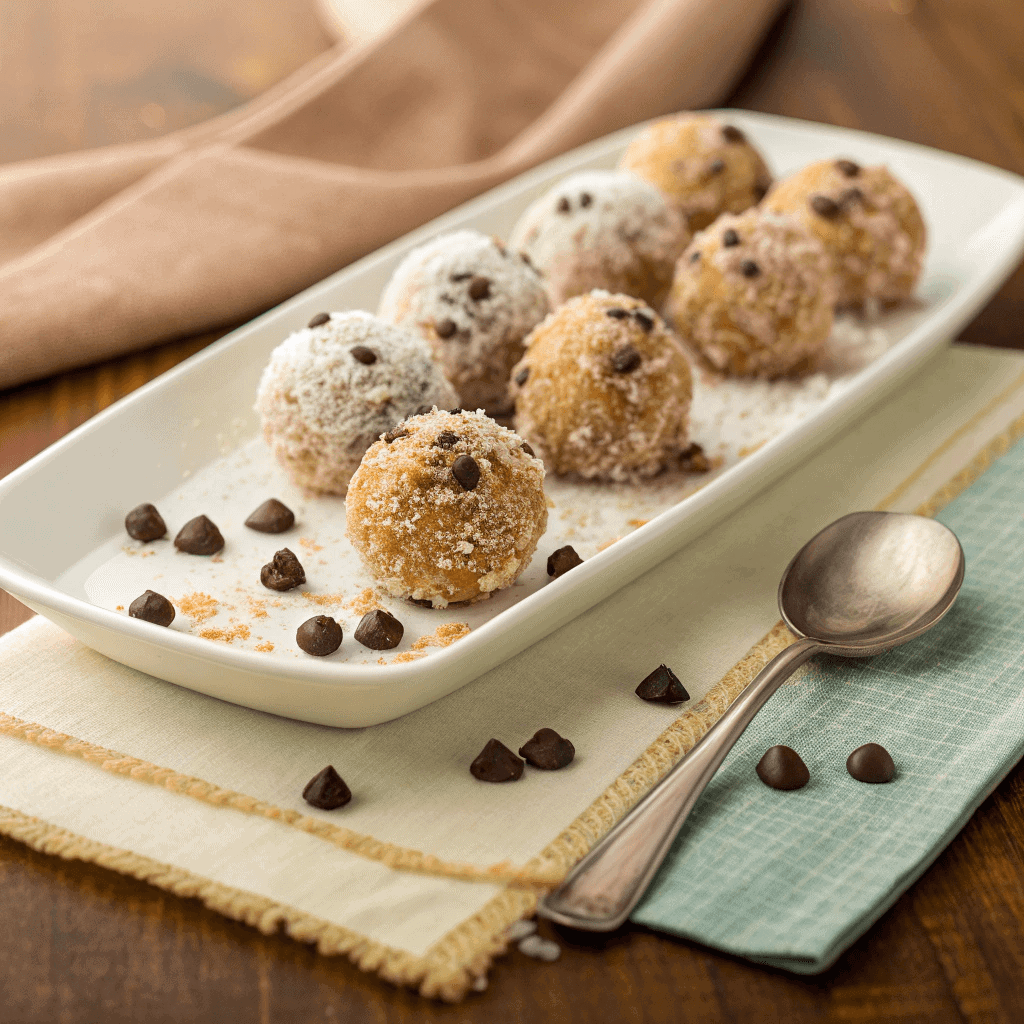 Plate of no-bake moose farts arranged neatly with coconut and chocolate chips.