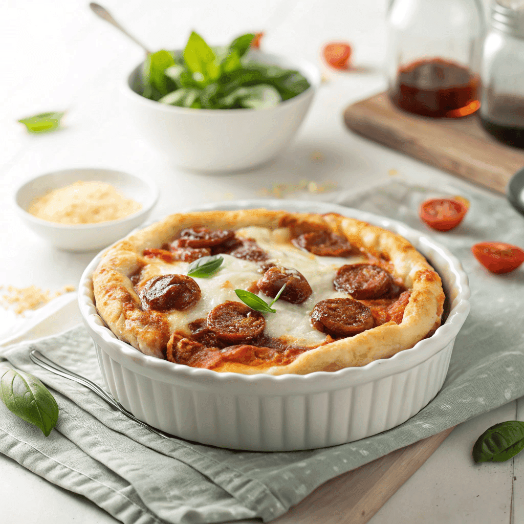 Delicious Pizza Pot Pies: Your New Favorite Personal Pizza Twist 1 Single pizza pot pie served in a clean white dish with melted cheese and sausage topping.