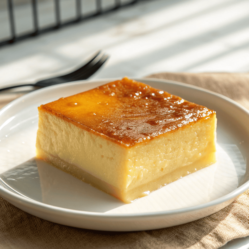 Cassava Cake Recipe for a Rich and Chewy Filipino Treat 1 Golden cassava cake square on a white plate showing caramelized top and moist interior.