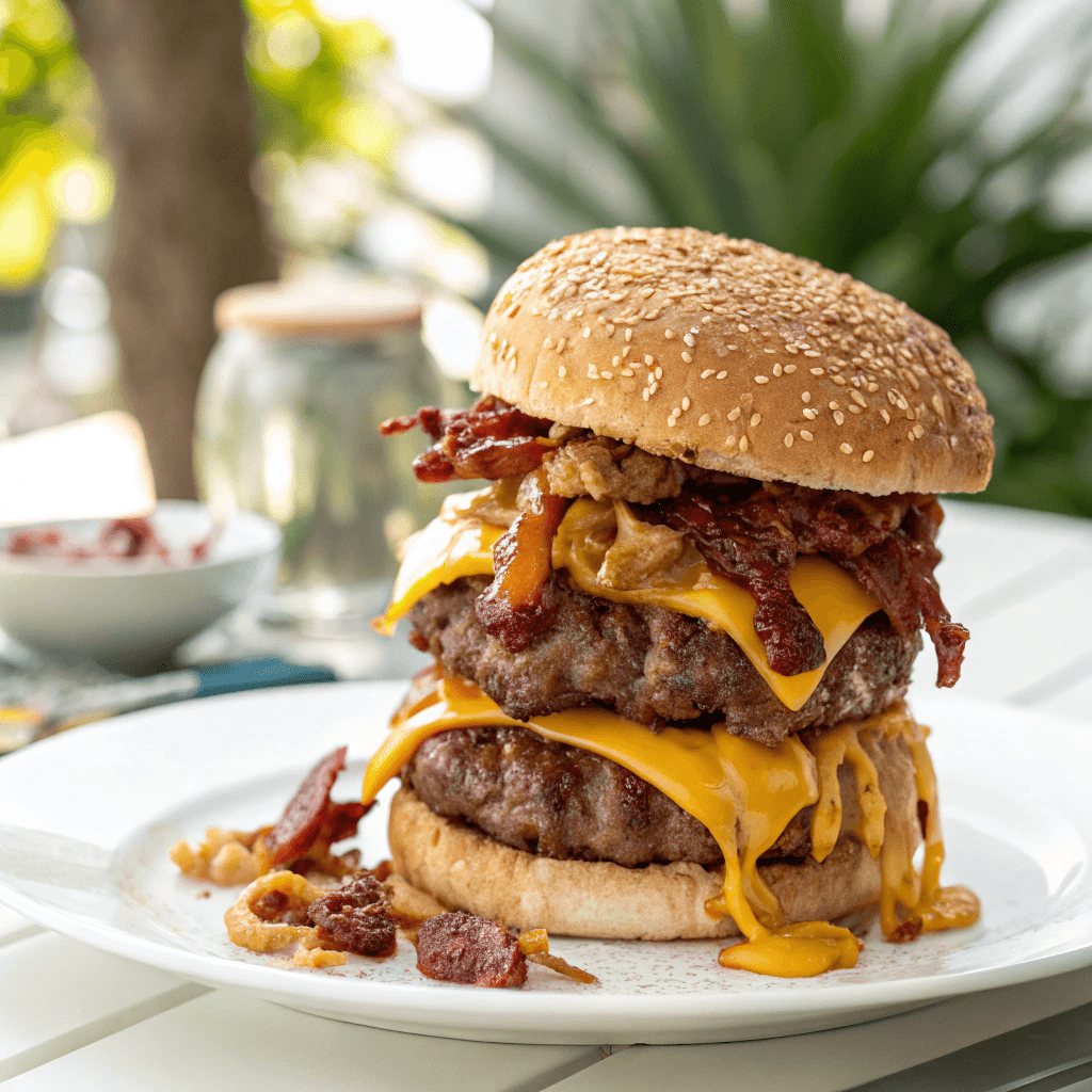 Irresistible Crack Burgers Recipe - the Best Burgers Ever ! 1 A stacked crack burger with beef patties, bacon, and melted cheese on a clean white plate.