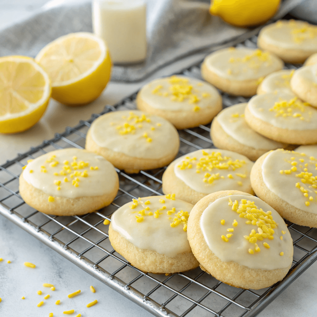 Overhead view of lemon meltaway cookies with lemon icing and zest arranged on a plate.