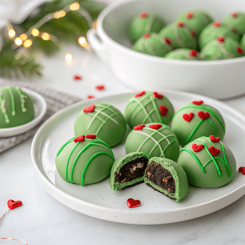 Overhead view of Grinch Oreo truffles with green coating, red hearts, and a bitten piece showing the Oreo filling.