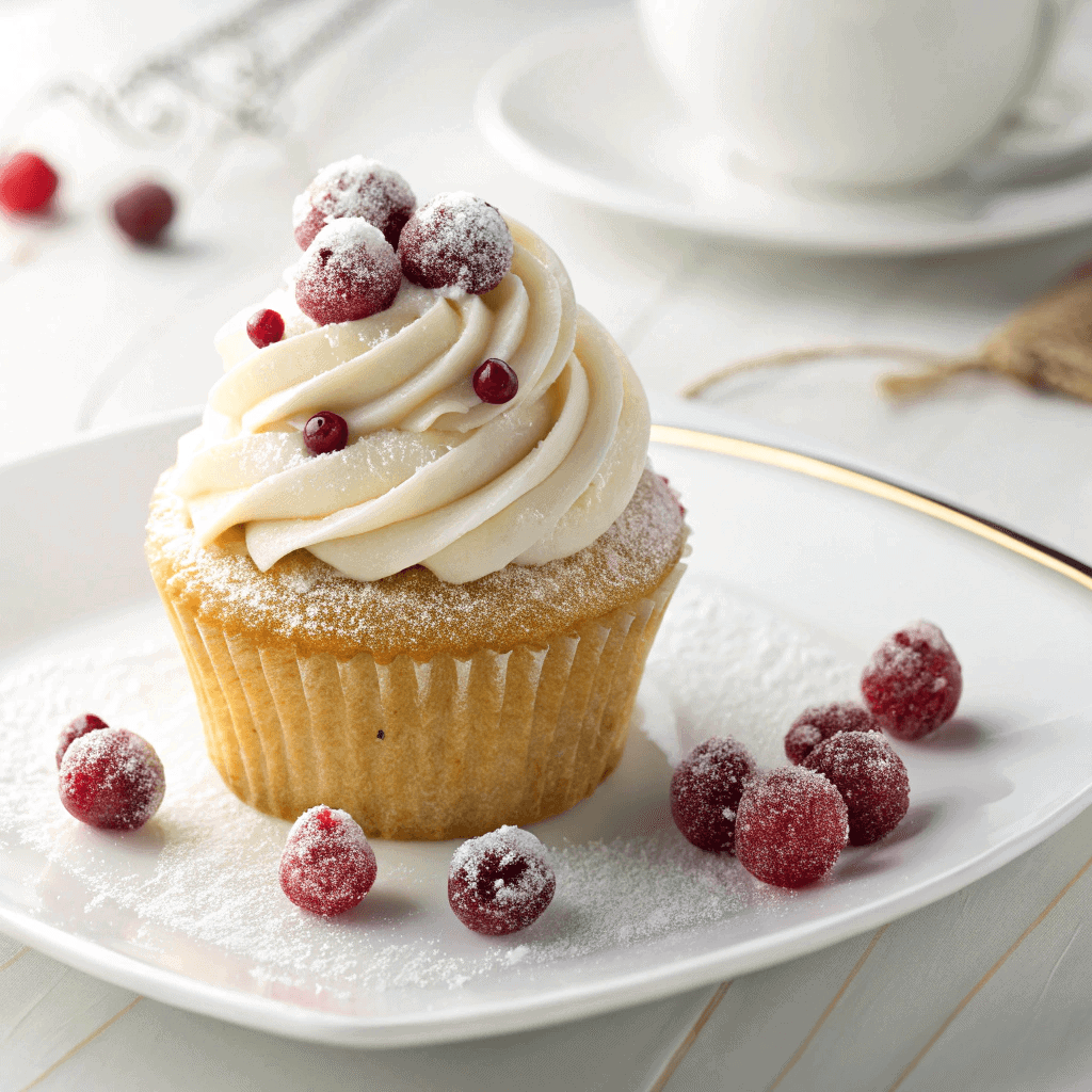 Festive Sparkling Cranberry White Chocolate Cupcakes 2 Centered cupcake with white chocolate frosting and sugared cranberries served on a clean white plate.