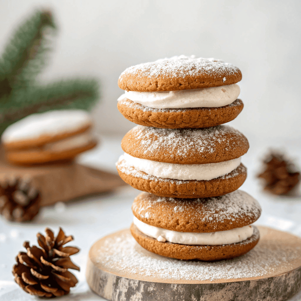Delicious Gingerbread Whoopie Pies with Cream Cheese Filling 3 Hero shot of gingerbread whoopie pies with creamy frosting and a minimal, softly blurred background.