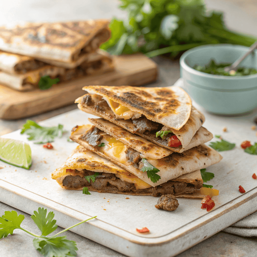 Hero shot of stacked steak quesadillas with melted cheese and cilantro.