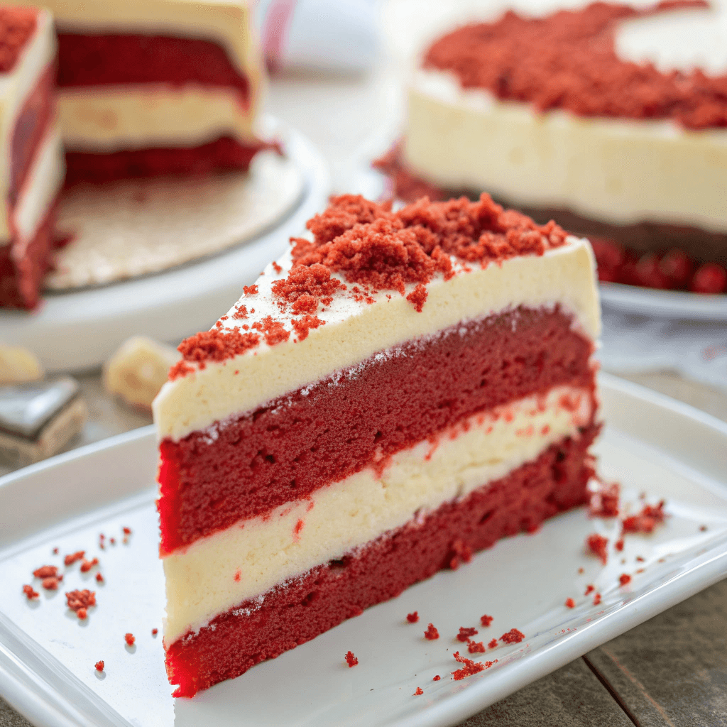 Hero shot of a red velvet cheesecake slice with layered cake and cheesecake filling.