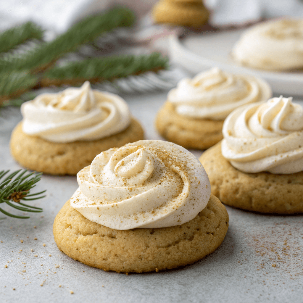 High-quality hero shot of eggnog cookies topped with cream cheese frosting and nutmeg in warm festive lighting.