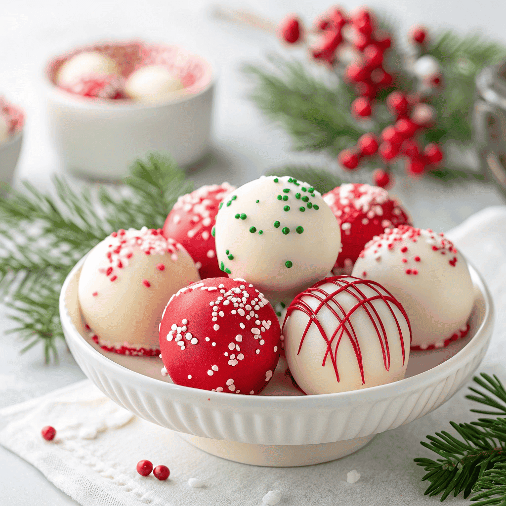 Festive & Moist Christmas Cake Balls: Your Ultimate Holiday Treat! 3 High-quality image of festive Christmas cake balls with colorful sprinkles in bright winter lighting.