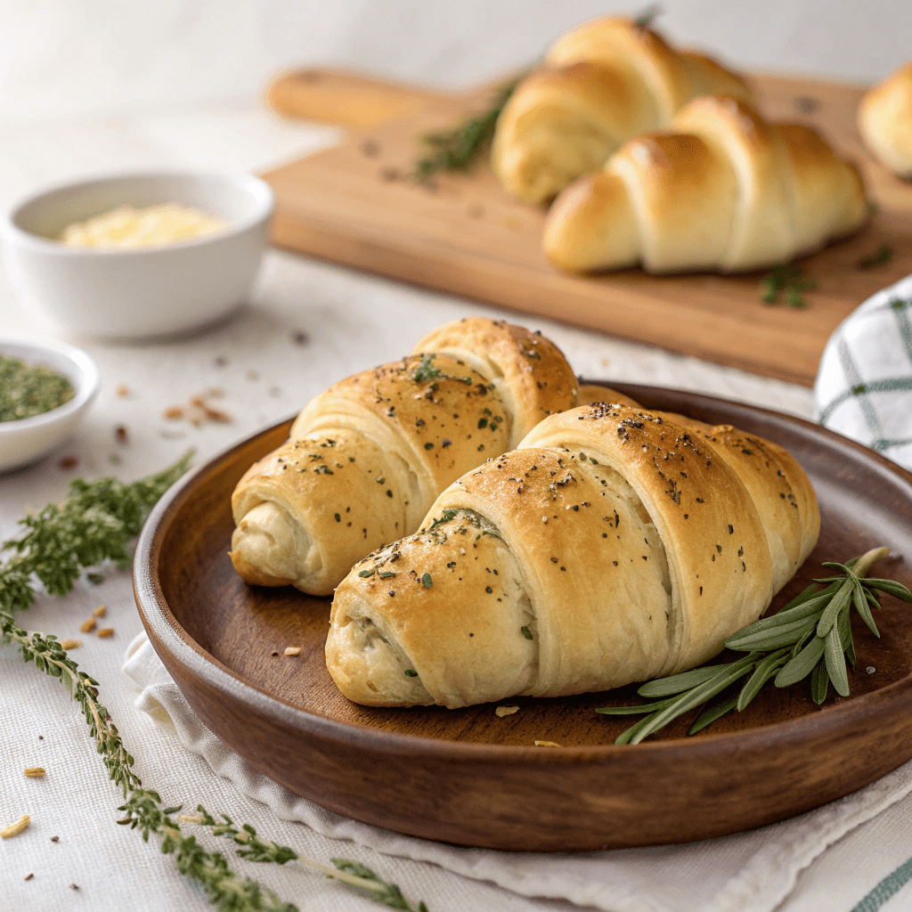 Easy Garlic Parmesan Italian Crescent Rolls 3 High-quality hero shot of golden flaky Italian crescent rolls with herb seasoning in warm natural lighting.