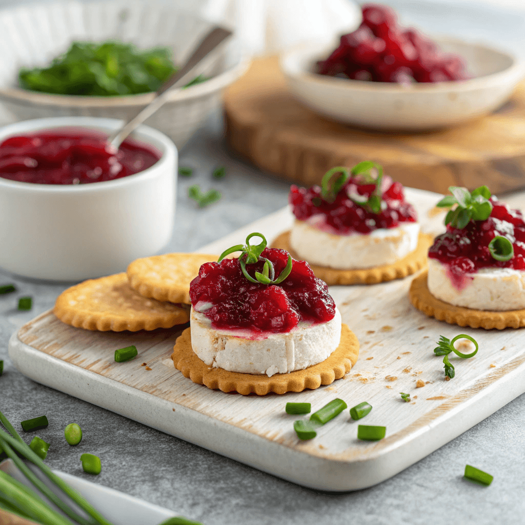High-quality hero shot of cranberry brie bites with glossy cranberry topping and chives in bright natural lighting.