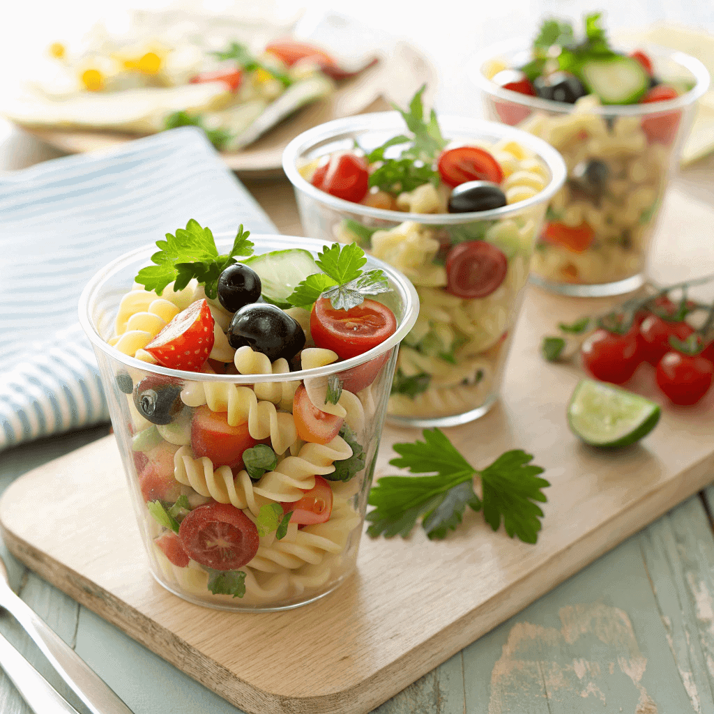 High-quality hero shot of colorful pasta salad cups with rotini, tomatoes, cucumbers, and olives in bright natural lighting.