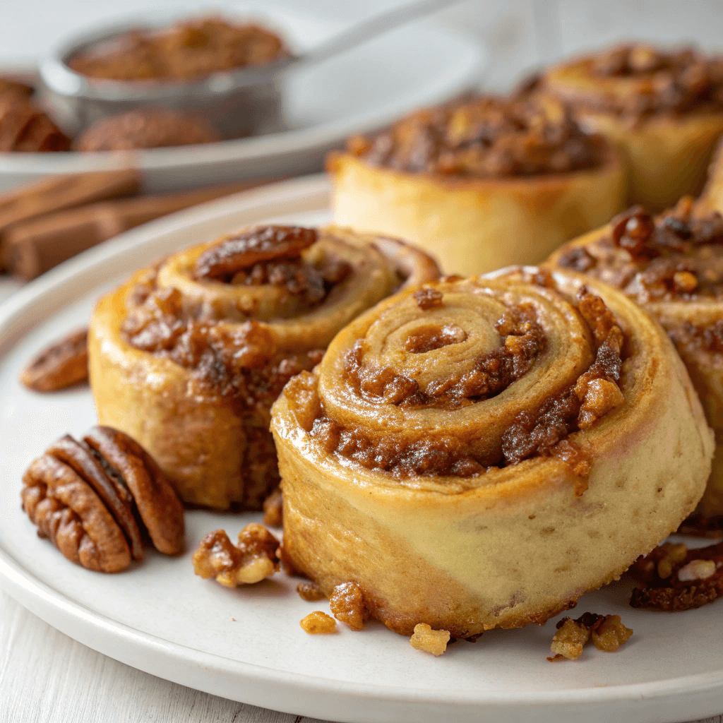 Hero shot of pecan pie rolls with caramelized pecan filling and golden spirals.