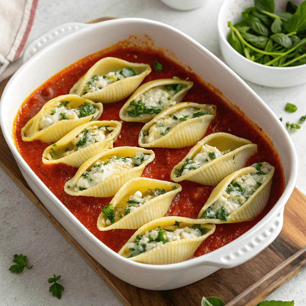 Hero shot of stuffed shells filled with ricotta and spinach in marinara sauce with fresh herbs.