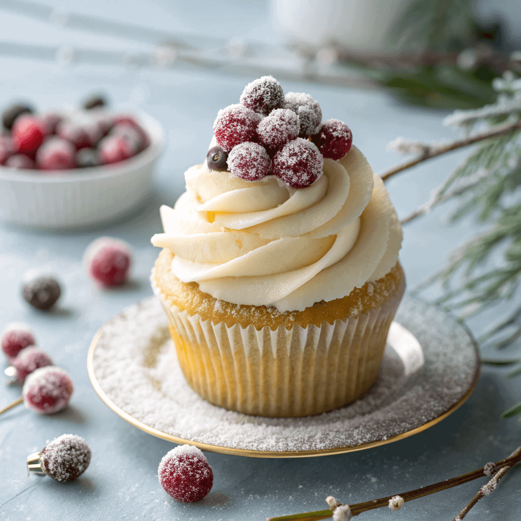 Festive Sparkling Cranberry White Chocolate Cupcakes 1 Close-up of a white chocolate frosted cupcake topped with sparkling sugared cranberries and orange zest.