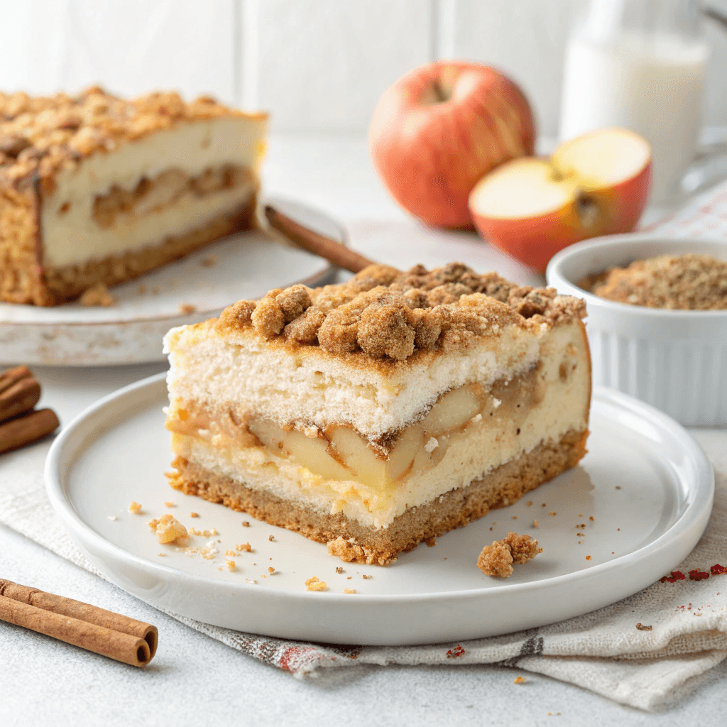 Apple Crisp Cheesecake Bread - The Best Cheesecake You'll Make ! 2 Single slice of apple crisp cheesecake bread on a white plate showing layered apple, cheesecake, and streusel.