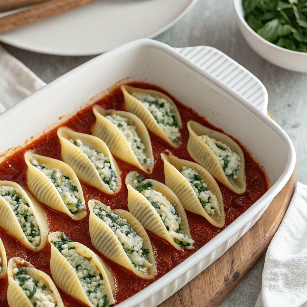 Stuffed shells arranged in a white baking dish filled with marinara sauce, topped with ricotta and spinach filling in a bright natural-light setting.