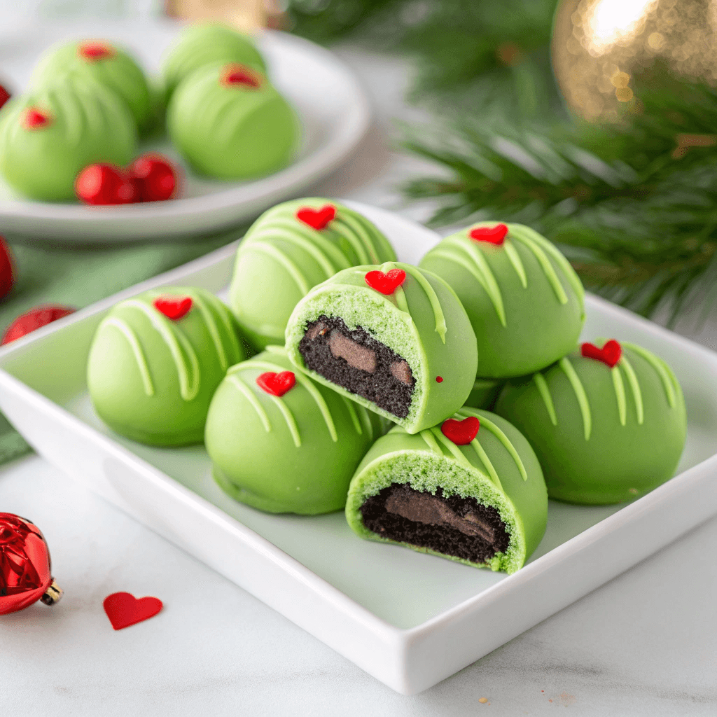 Close-up of bright green Grinch Oreo truffles with red heart decorations and a bitten truffle showing the Oreo center.