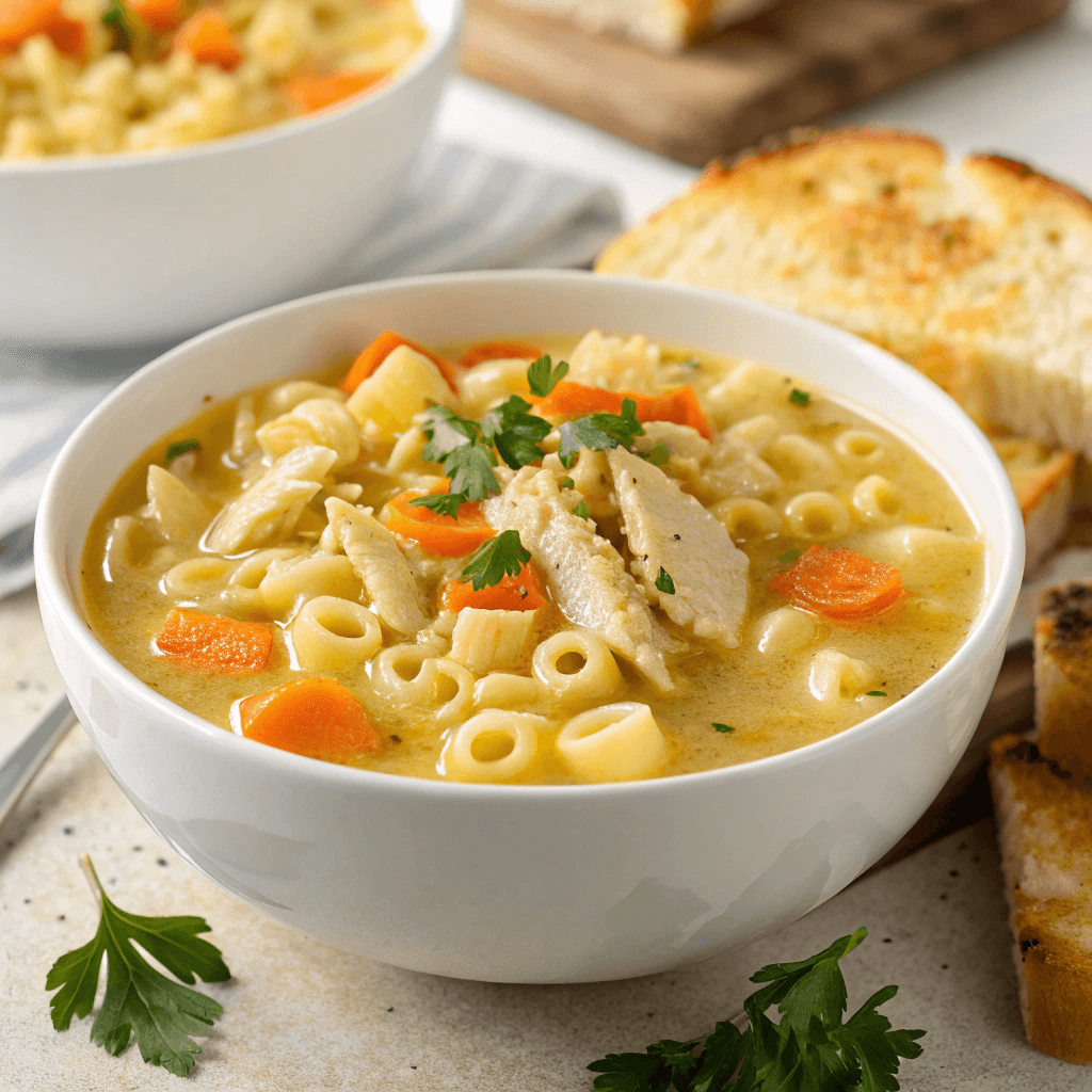 Creamy Macaroni Soup: The Ultimate Comfort Bowl 2 Hero shot of creamy macaroni soup with pasta, chicken, and carrots served with cheesy toast.