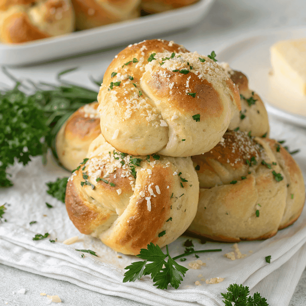 Easy Garlic Parmesan Knots Recipe - A Must Try Knots ! 2 Hero shot of garlic parmesan knots with melted butter, parmesan, and parsley.