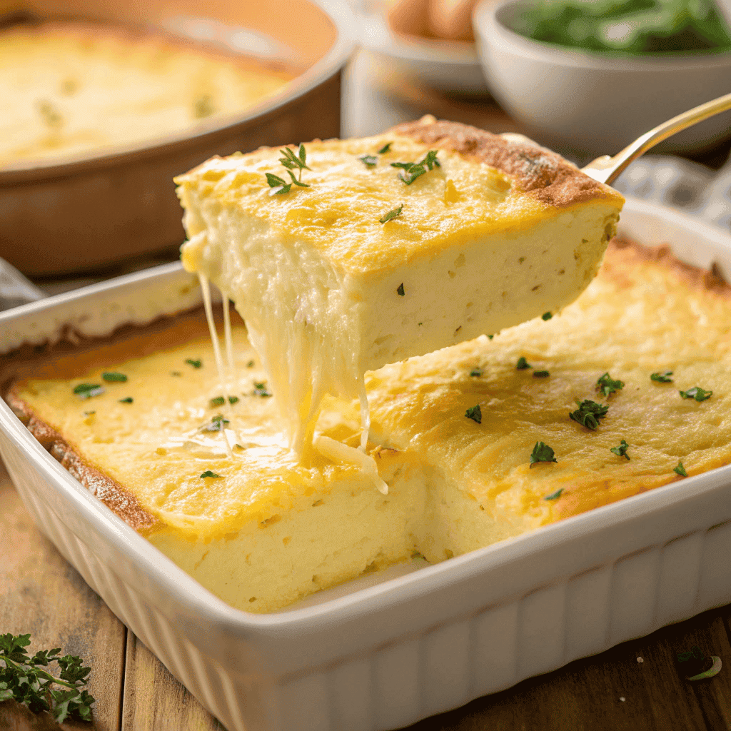 The Ultimate Cheesy Egg Casserole Recipe (No Bread!) 4 Close-up of a golden cheesy egg casserole slice being lifted from the baking dish, showing its fluffy texture.