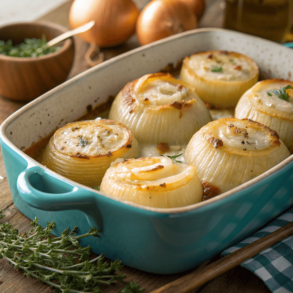 Easy Cheesy Tennessee Onions: A Southern Side Dish 3 Close-up of golden baked Tennessee Onions in a turquoise casserole dish with melted cheese and herbs.